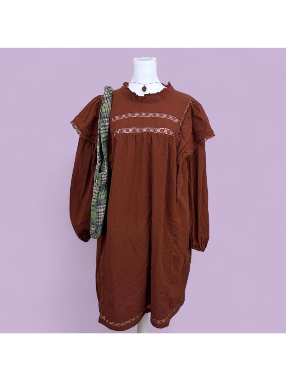 brown plus size boho cottagecore prairie midi dress